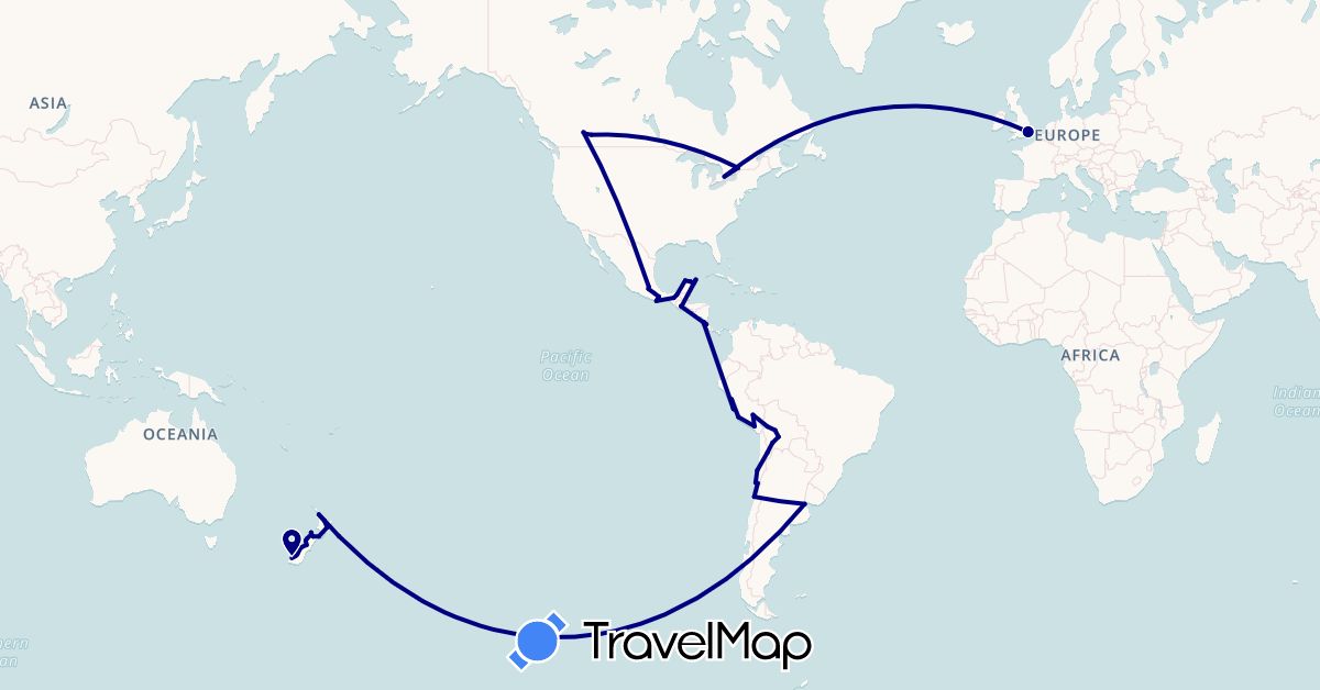 TravelMap itinerary: driving in Argentina, Bolivia, Canada, Chile, Costa Rica, United Kingdom, Guatemala, Mexico, New Zealand, Peru (Europe, North America, Oceania, South America)